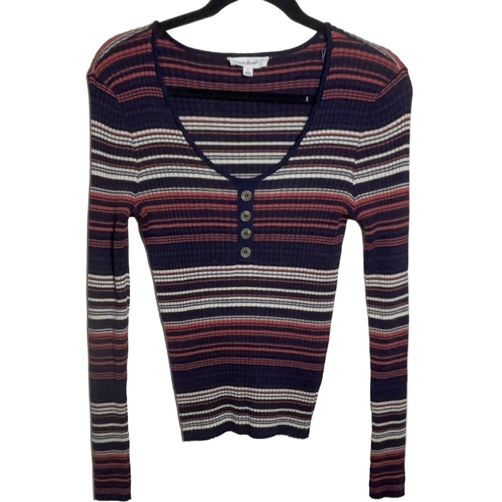 Cloud Chaser Striped Ribbed Knit Long Sleeve Top Women's L Navy Red White